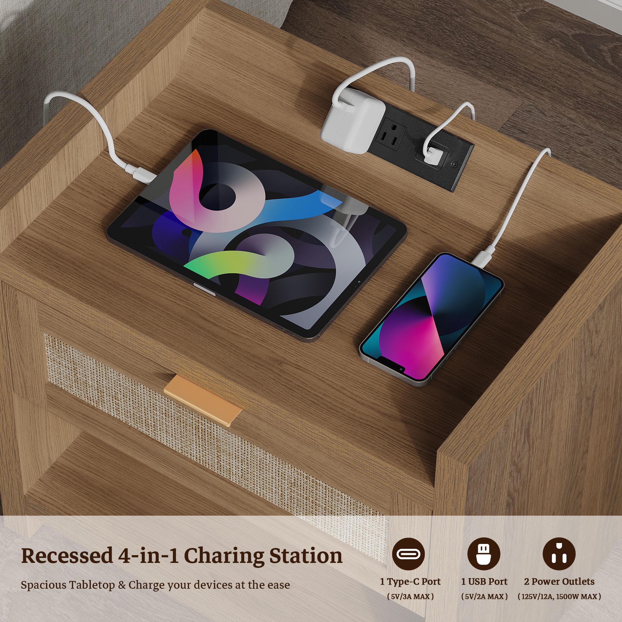 SICOTAS Night Stand Bed Side Table Set of 2- Rattan Nightstand with Type-C Charging Station, Drawer Storage End Table - 15.4" x 23.6" x 22.1" Size Boho Bedside Stand Night Stands for Bedroom Living Room Sofa Couch Office, Durable