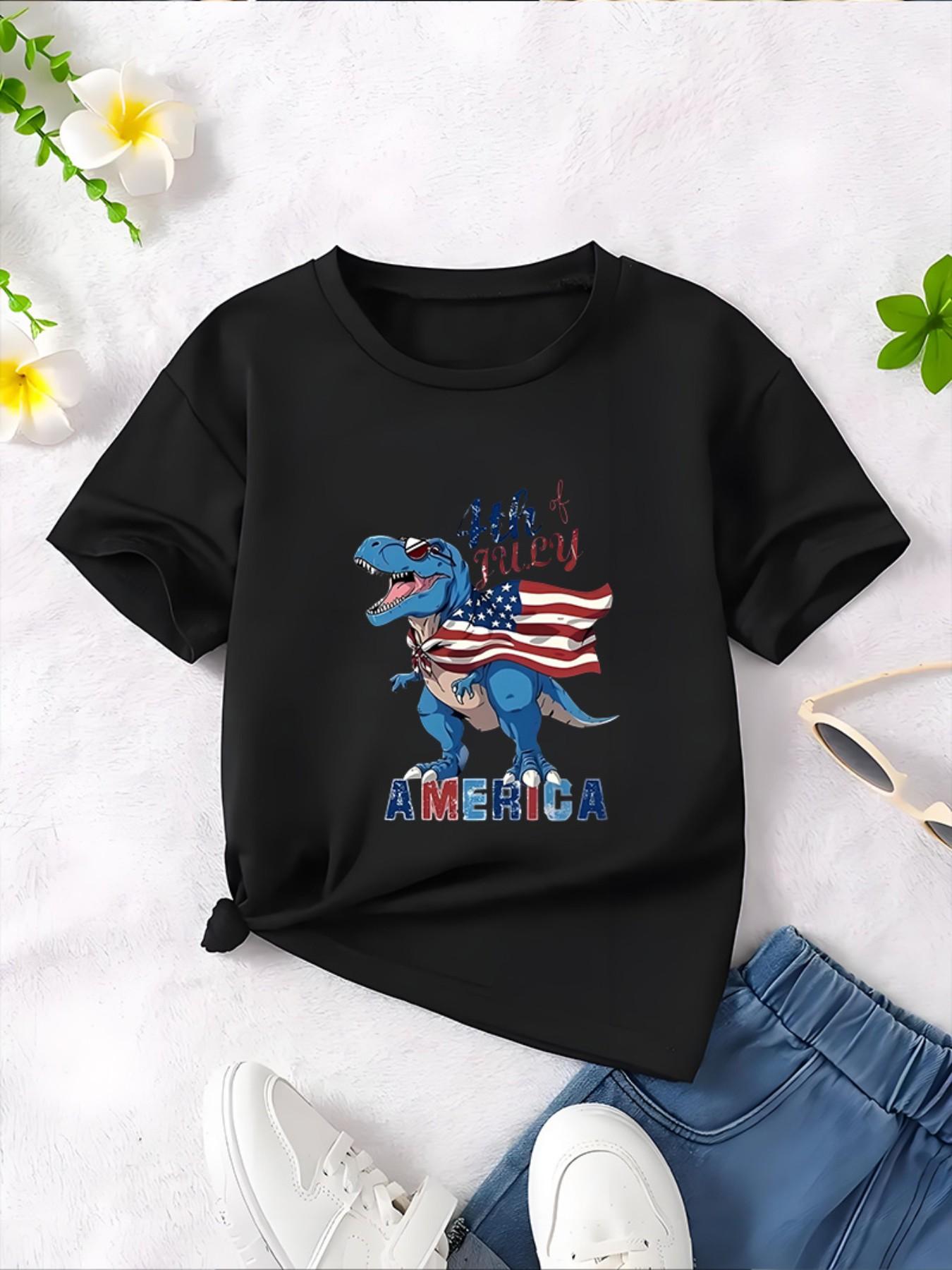 New Men's And Women's Short-Sleeved T-Shirts With Round Neck, Summer Black Top, Independence Day Dinosaur, Stars And Stripes Cape Patriotic Theme Print, Fashionable For Outdoor Leisure, Comfortable And Versatile, Excellent Gift Choice