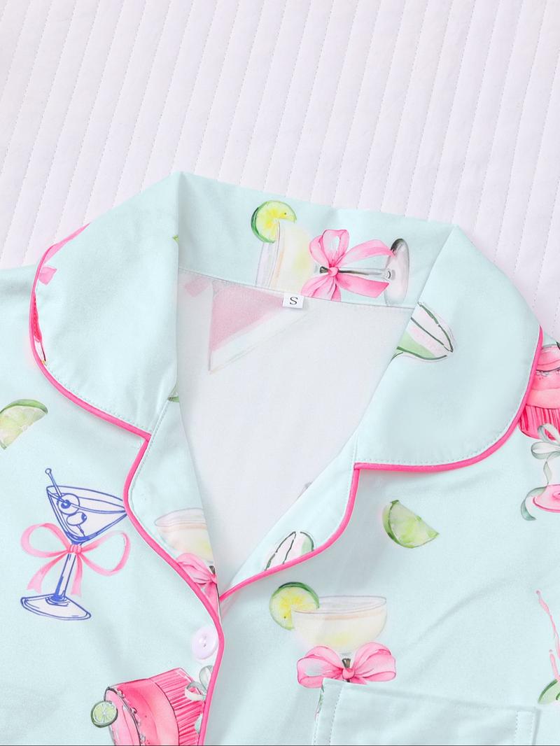 Women's All Over Cocktail Print Button Front Shirt & Elastic Waist Shorts Pyjama, Casual Comfy Short Sleeve Top & Shorts PJ Set, Ladies Sleepwear for All Seasons, Loungewear, Sleepwear Pajamas Set