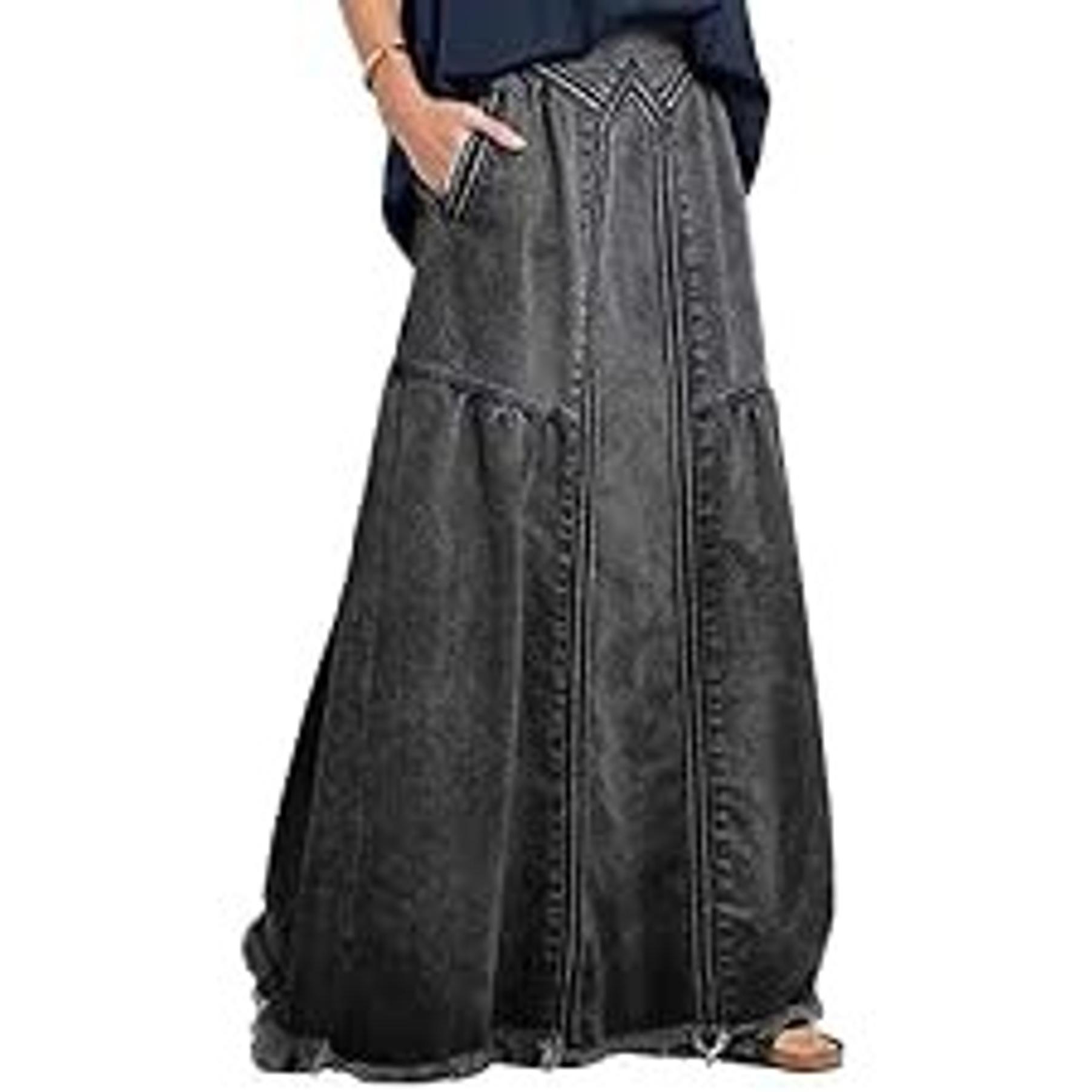 ebossy Women's Retro Distressed High-Waist Frayed-Hem Flared A-Line Patchwork Maxi Denim Skirt with Pockets, Buttons, Zipper - Casual Hippie Bottoms for Birthday, Party (Gift) ebossy Women's Retro Distressed High-Waist Frayed-Hem Flared A-Line Patchwork Maxi Denim Skirt with Pockets, Buttons, Zipper - Casual Hippie Bottoms for Birthday, Party (Gift)