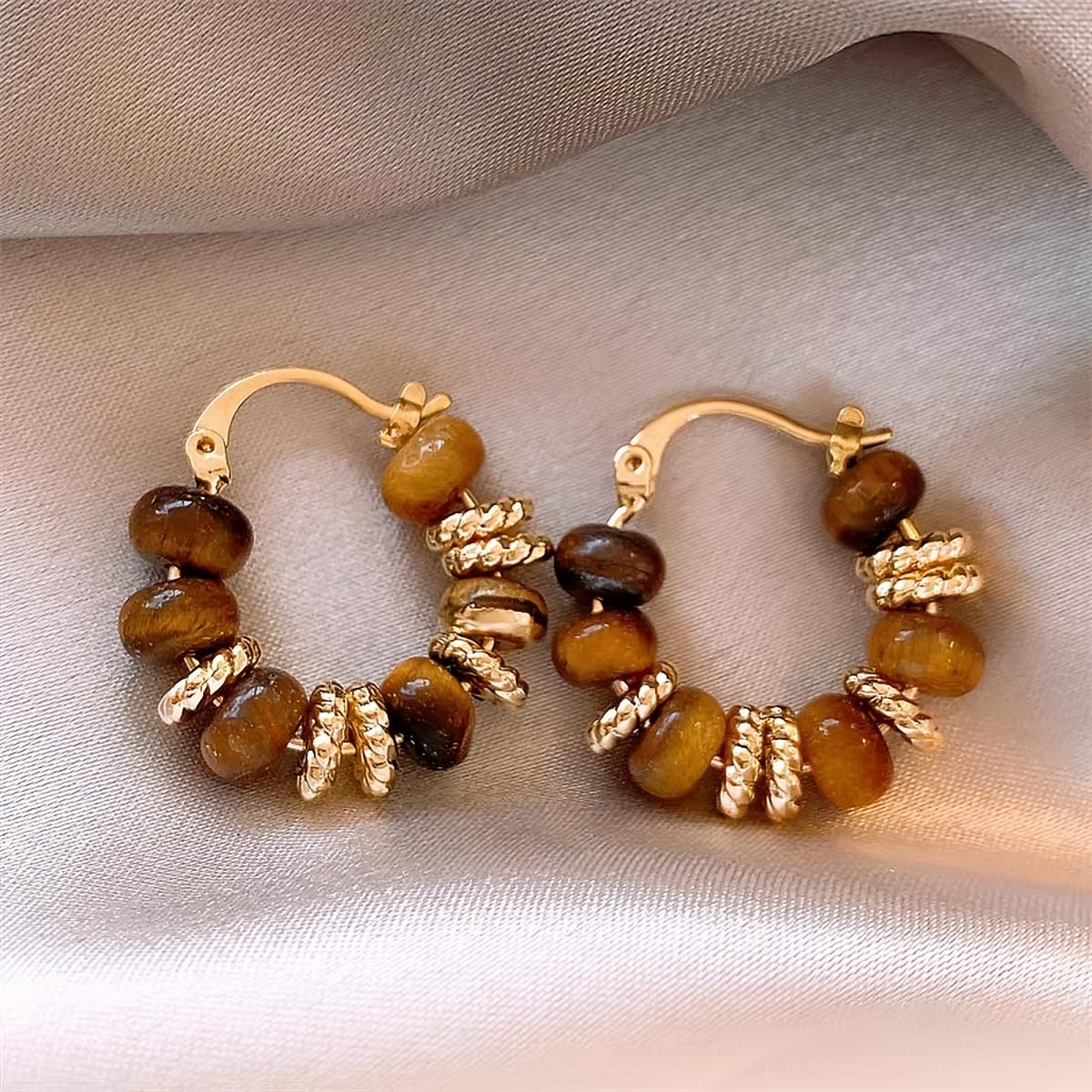 1 Pair Vintage Elegant Natural Stone Tiger Eye Beads Hoop Earrings for Women Festival Birthday Dating Prom Evening Party Holiday Daily Commute Additions