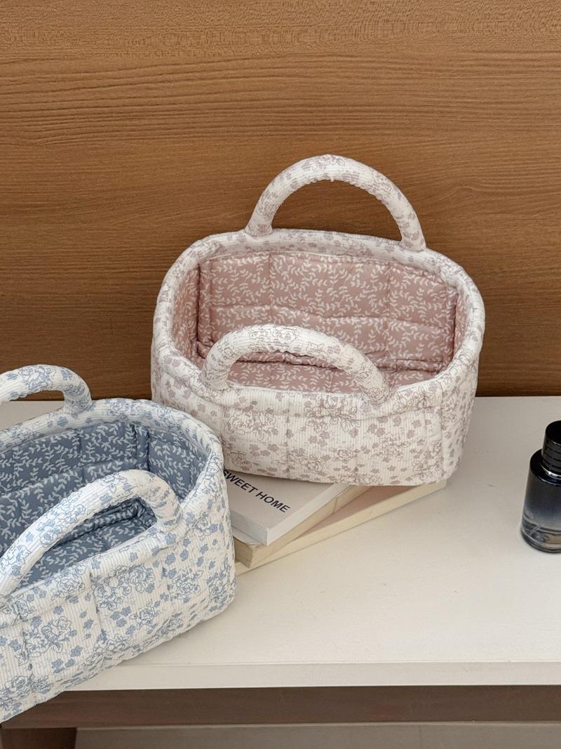 Flannel Peony Storage Basket, Floral Quilted Handheld Organizer, Desktop Living Room Bedroom Sorter, Cosmetic Bags