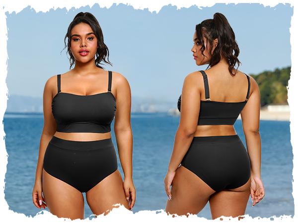 Tempt Me Women Plus Size Swimsuit Plus Size High Waisted Bikini Bandeau Two Piece Swimsuit with Adjustable Straps Strapless Swimsuit Full Coverage Bikini Sets for Women High Wasted Bath Suits Tummy Control