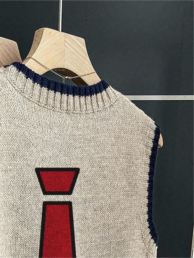 One piece + Women's spring/summer casual-retro loose-fit round-neck sleeveless knit top. Deep blue contrast trim + red-scarf patchwork print. Perfect for school vibes - layer with a vest or wear it solo! Color Block Vest