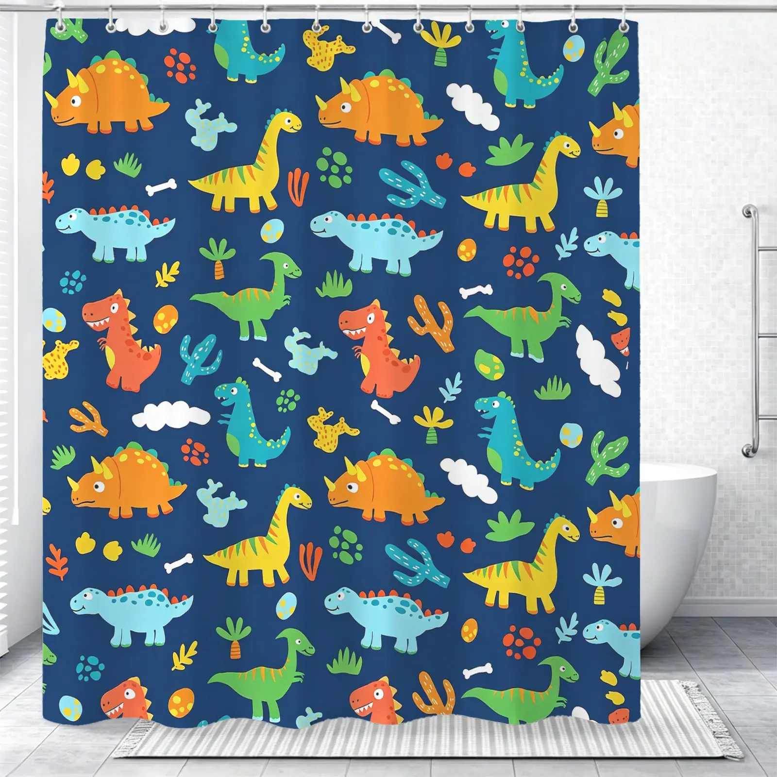 Cute Dinosaur Shower Curtain for Bathroom Decor Boys Dinosaur Bath Curtain Cartoon Animal Bathroom Accessories Navy Blue Waterproof Polyester Fabric for Bathtubs with 12 Hooks