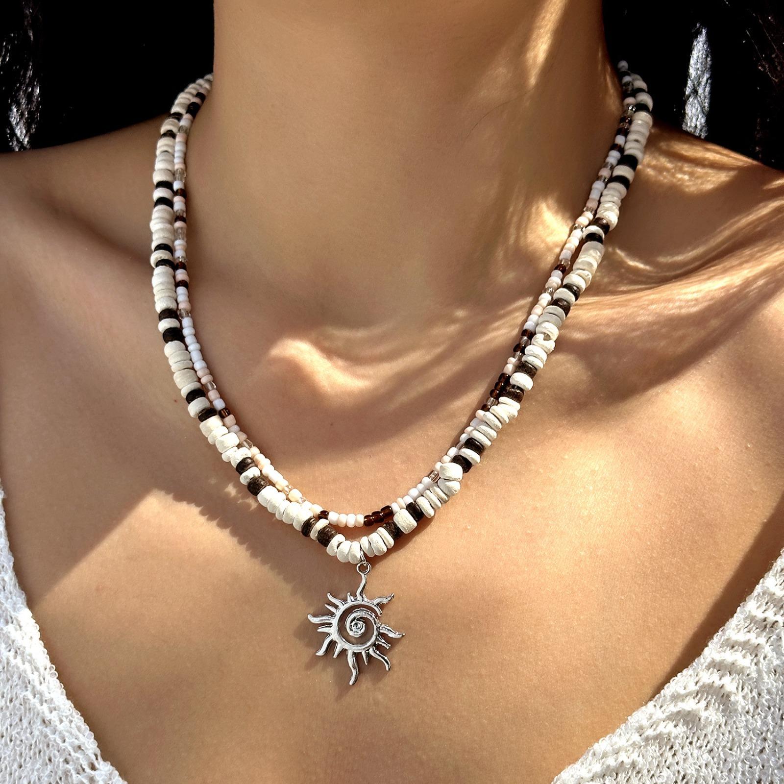 Boho Men Beaded Necklace Double Layer Sun Pendant Coconut Shell Choker High-Quality Handmade Cois Unisex Summer Beach Casual Gift Jewelry,back to school,back to school haul