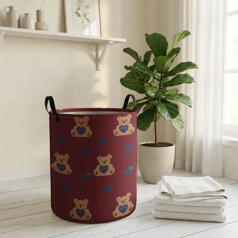 Valentine's Day Toy Bear Print with Handle, Durable Halloween Foldable Dirty Clothes Storage Bin, Large Capacity, Collapsible Laundry Hamper