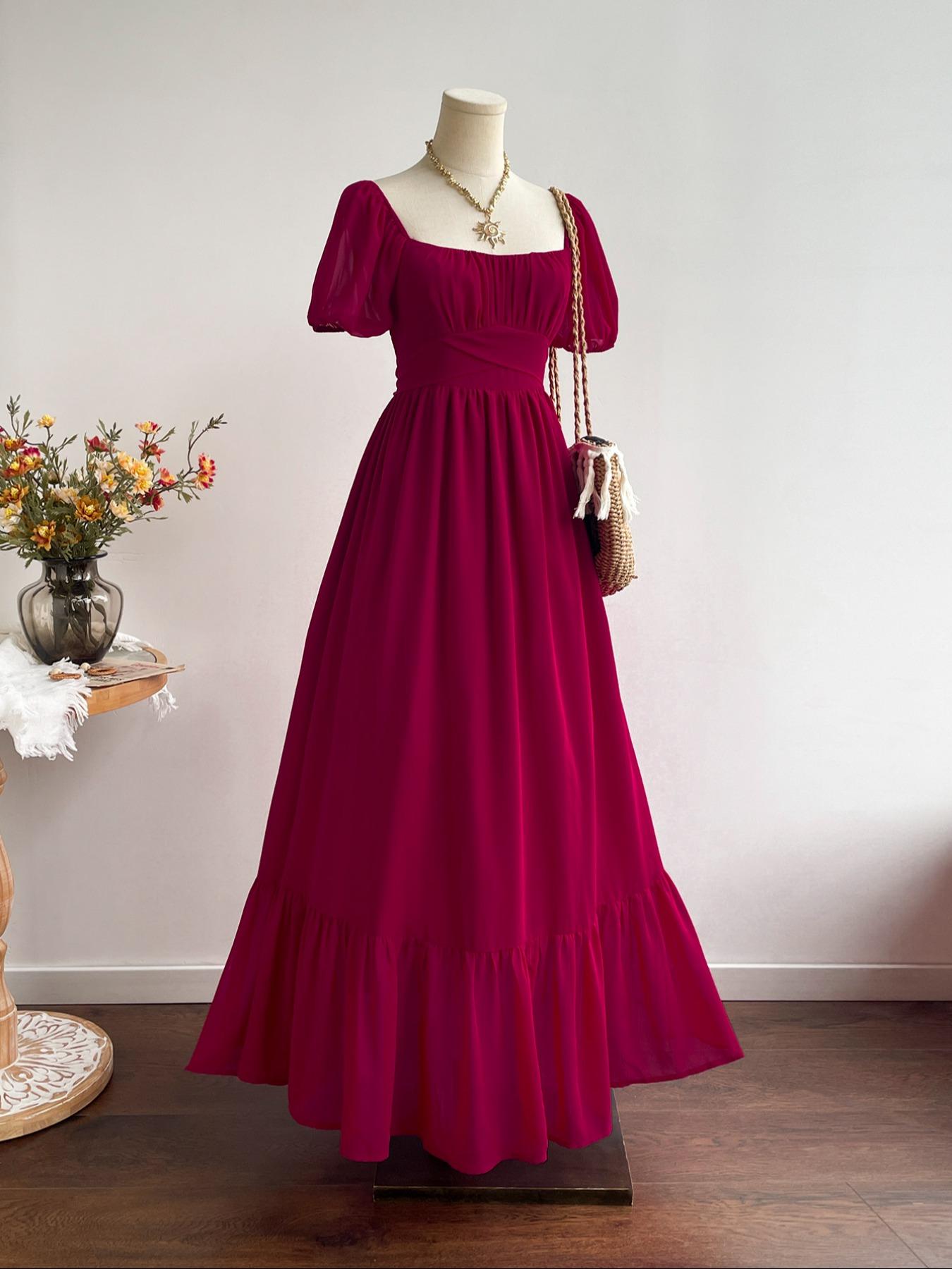 Women's Bohemian Vacation Elegant Chic Casual Waist-Tied Chiffon Woven Floral Long Short Sleeve Ruffle Hem Dress, All Seasons Fitted Style