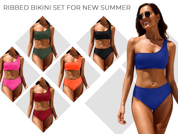 Tempt Me Women Two Piece Swimsuits Ribbed One Shoulder Bikini Sets Mid Waist Bathing Suit