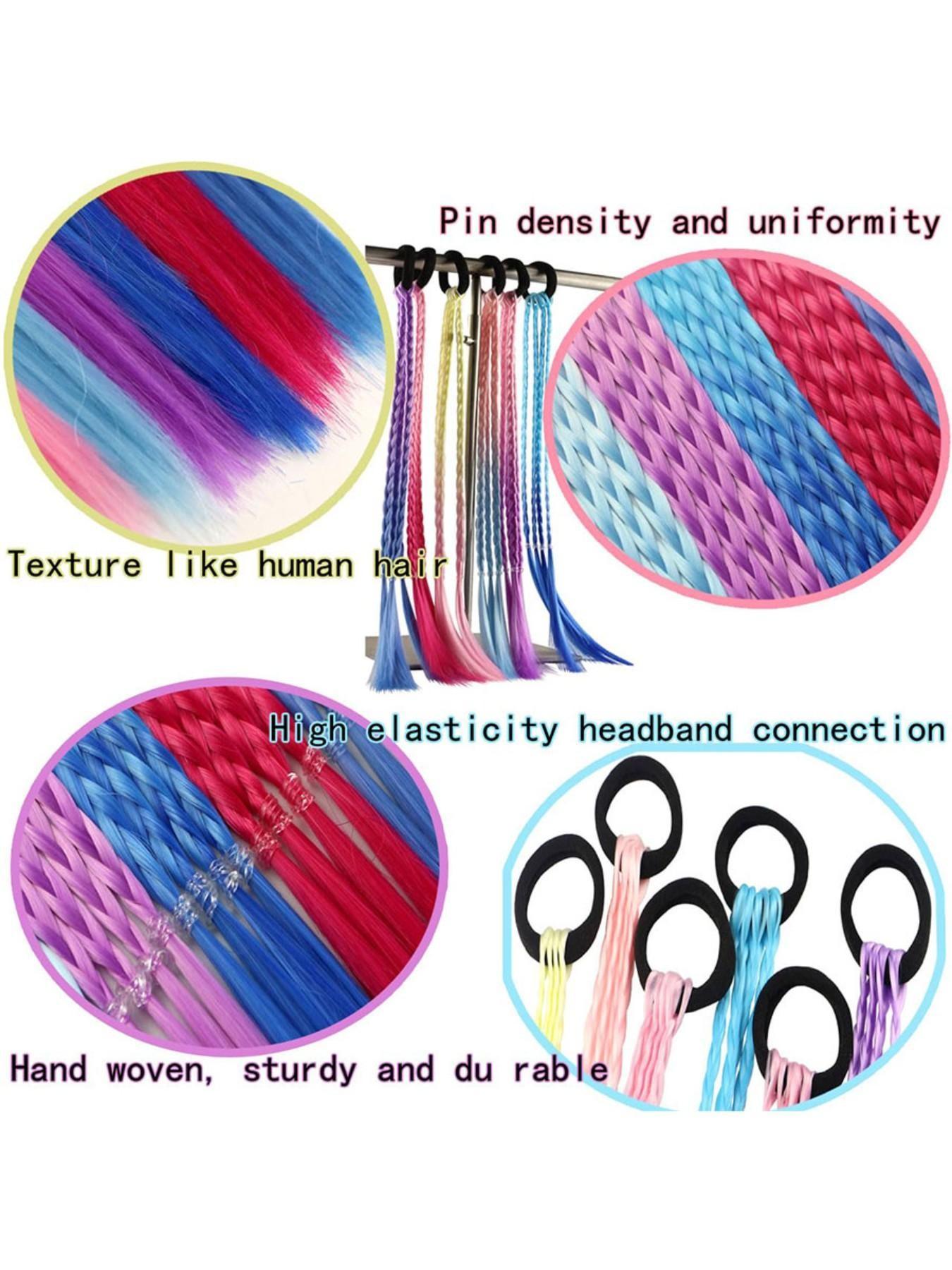 Girls' rainbow braid hair extensions, children's ponytail hair extensions, girls' hair accessories, challenging braid hair extension styles, 6 crazy accessory headbands