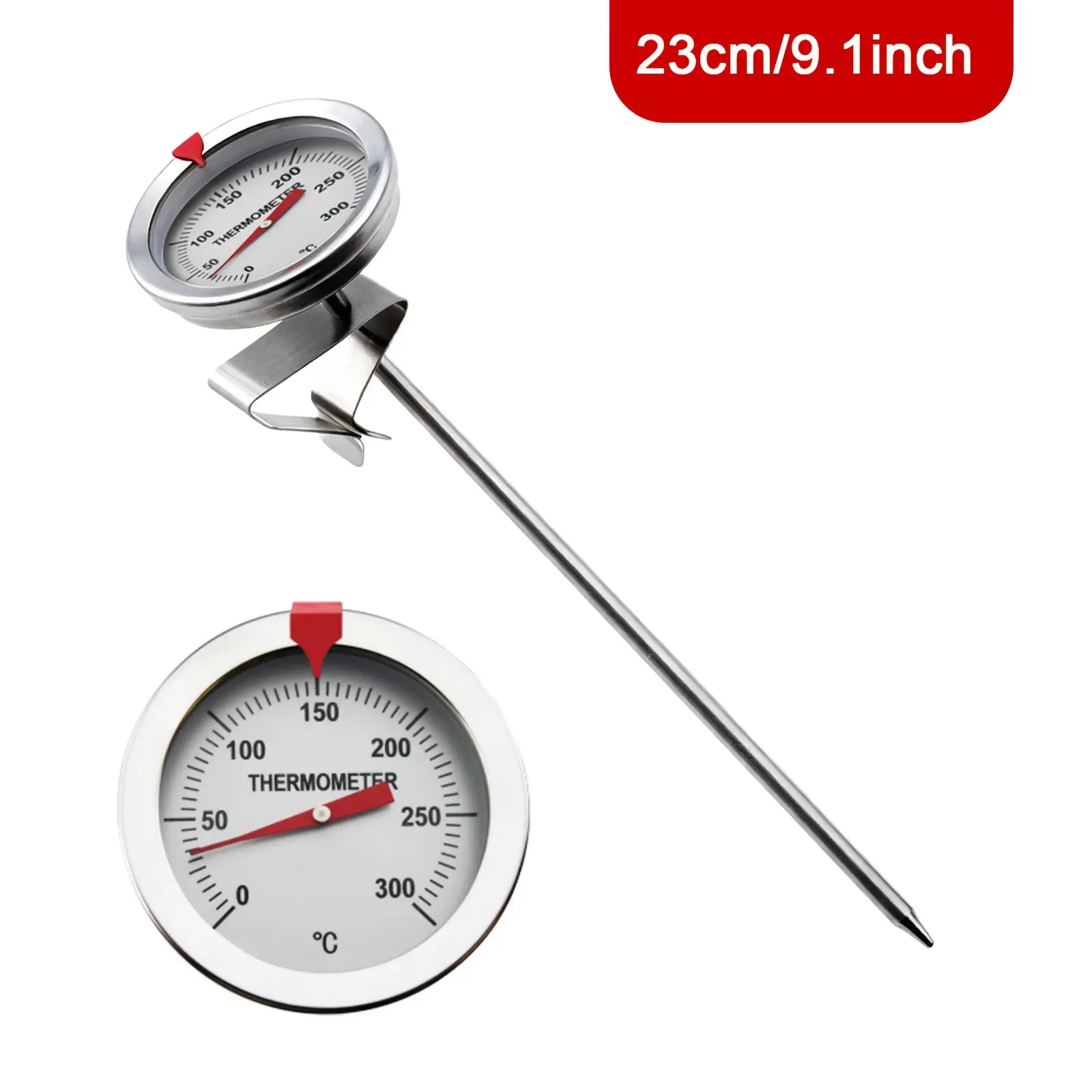 Mechanical thermometer for kitchen use, for cooking, 0-300 ° C instant reading oil temperature gauge |   No batteries required |   Stainless steel probe, suitable for frying, baking, grilling, and confectionery making |   150mm/230mm length read
