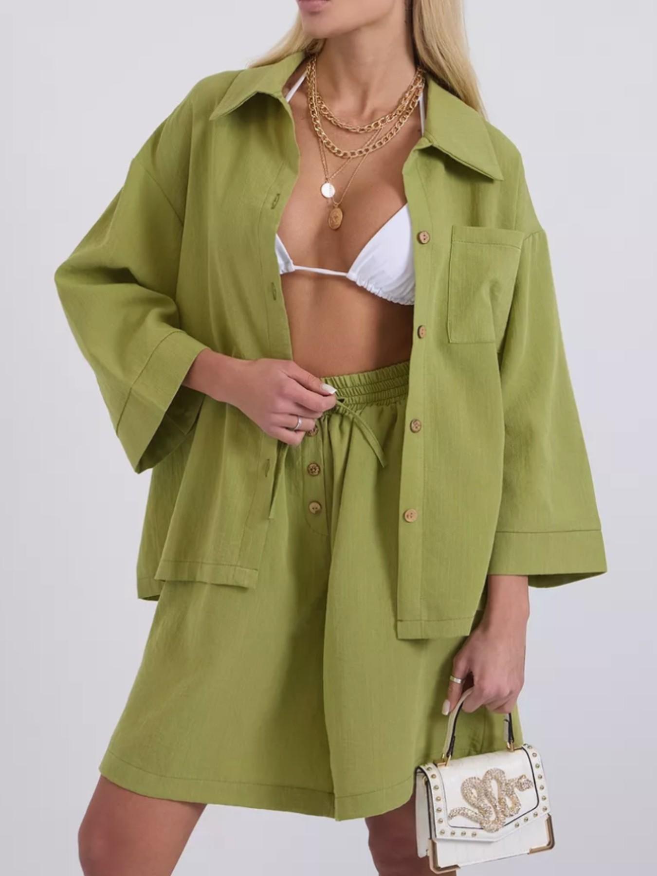 Spring Summer Fashion Womenswear Short Pants Pure Color Shirt Two-Piece Set Suits Casual Loose Fit Short Sleeve Women's