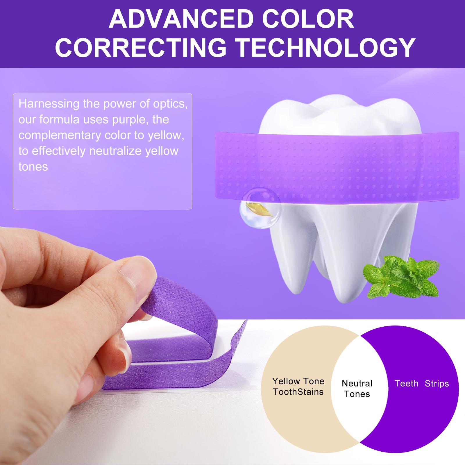 YECUCE Purple Teeth Whitening Strips contain natural coconut oil and peppermint. Advanced color correction improves yellowing teeth, breaks down stains, and eliminates tooth sensitivity. 14 strips/box Teeth Brightening Strips
