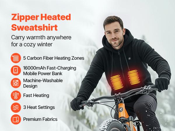 VEVOR Heated Jacket Hoodie for Men Women, Heated Sweatshirt Unisex Full-Zip with 7.4V 16000mAh Power Bank Pack, 5 Heating Zones, 3 Temp Levels, 4-8H Warmth, for Winter Outdoor Camping, Black, XL Size