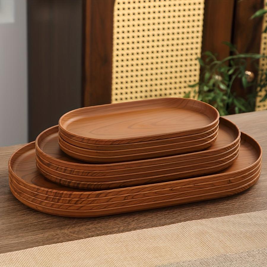 3 Piece Large Tray Set, Snack Trays, Tea Cup Trays, Salad Serving Plates, Faux Wood Grain Modern Design, Stackable Reusable Plastic Trays, Easy Clean