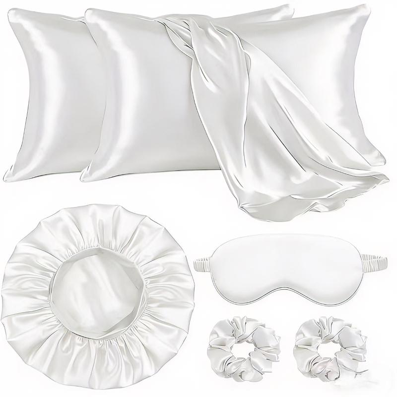 Silk Hair Care Set, 6-Piece Kit (pillowcase + Sleep Cap + Eye Mask + Headband), Anti-Tangle, No Heat Styling, Wide Brim Sleep Cap, Women's Bath Hat