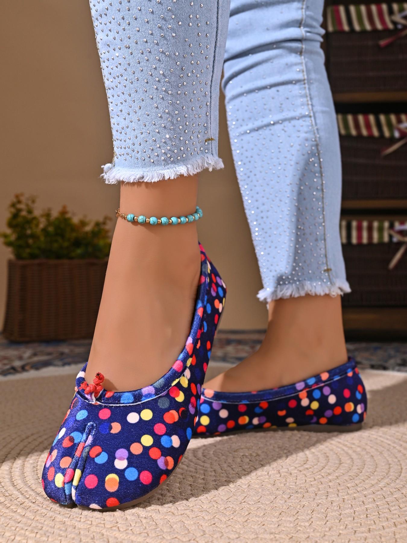 Women Colorful Polka Dot Split Toe Ballet Flats, Soft Fabric Slip On Casual Tabi Flat Shoes, Summer Flats