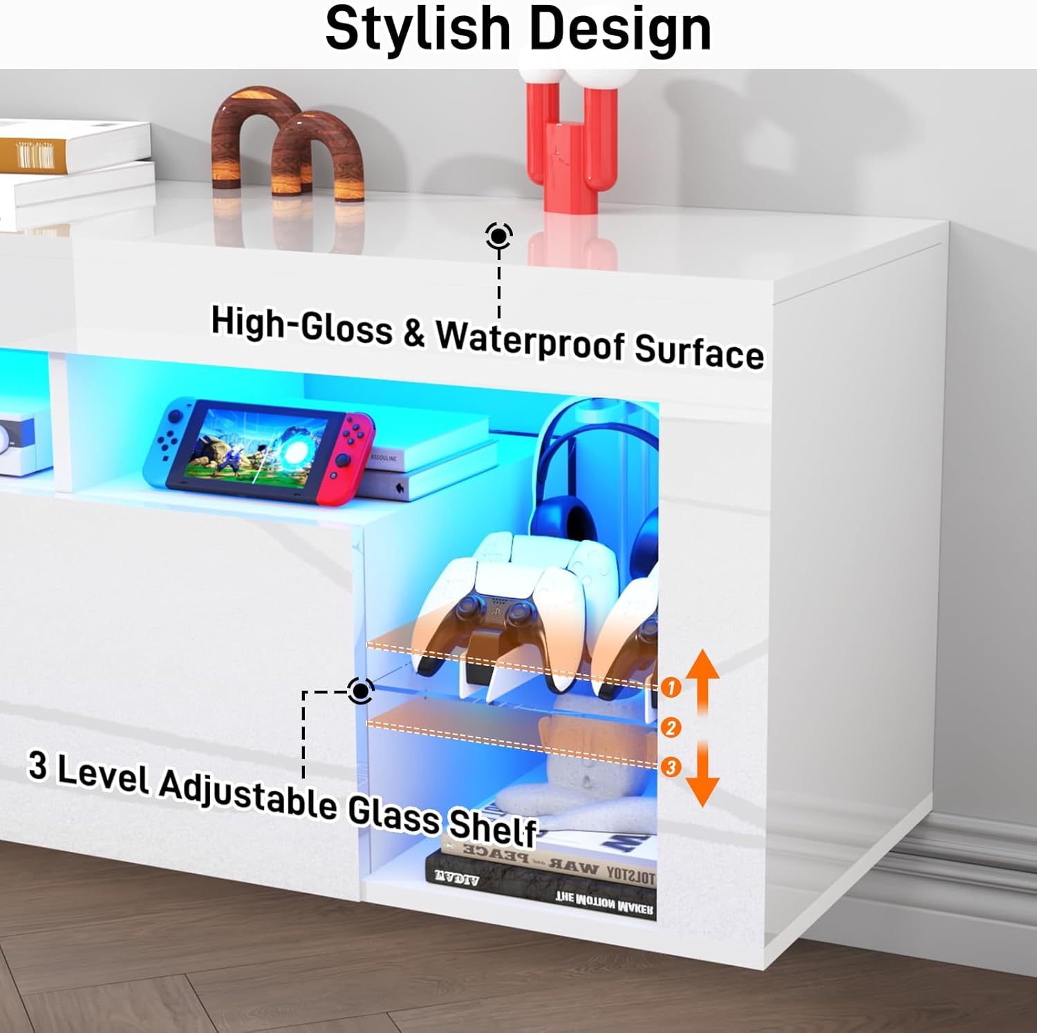 Floating TV Stand for 65/70/75/85 inch inch TV, High Gloss Led Gaming Entertainment Center with Storage and Shelf, Wall Mounted TV Console Table with Lights, White/Black Furniture Living Room Organization Home Floating TV Stand for 65/70/75/85 inch inch TV, High Gloss Led Gaming Entertainment Center with Storage and Shelf, Wall Mounted TV Console Table with Lights, White/Black Furniture Living Room Organization Home