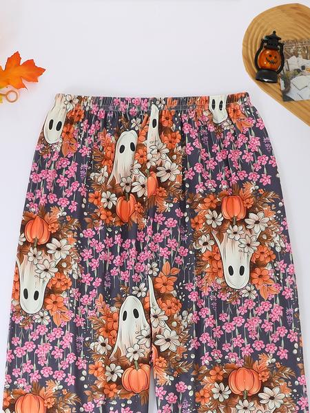 Women's Halloween Pumpkin Bat Print Pajama Set, Lapel Long Sleeve Cardigan & Elastic Waist Pants, All Seasons Sleepwear Home Wear