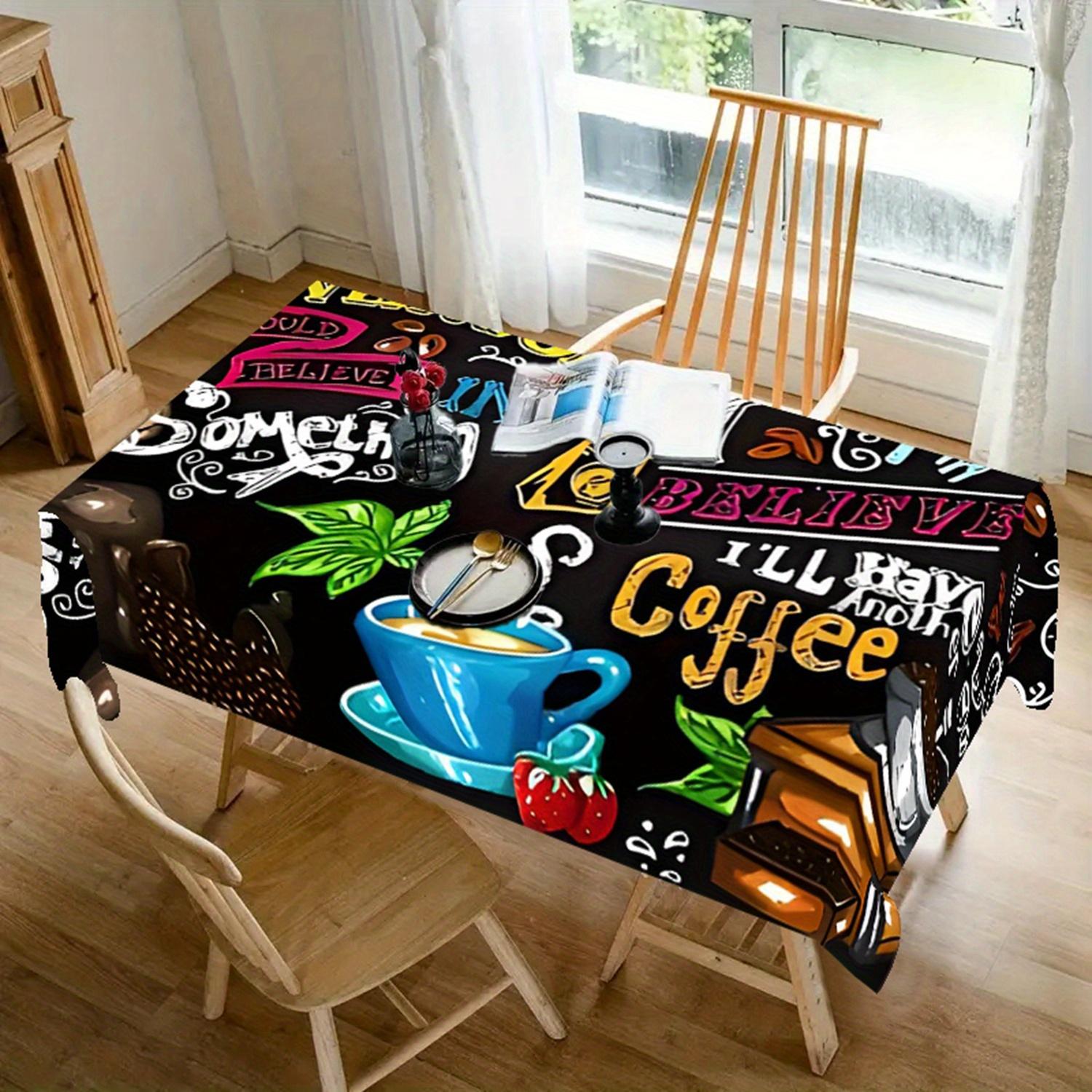 1pc Chic Coffee and Text Design Tablecloth - Rectangular Polyester Tablecloth, Easy to Clean, for Parties, Dining Decor and Outdoor Use, Picnic Table Cover