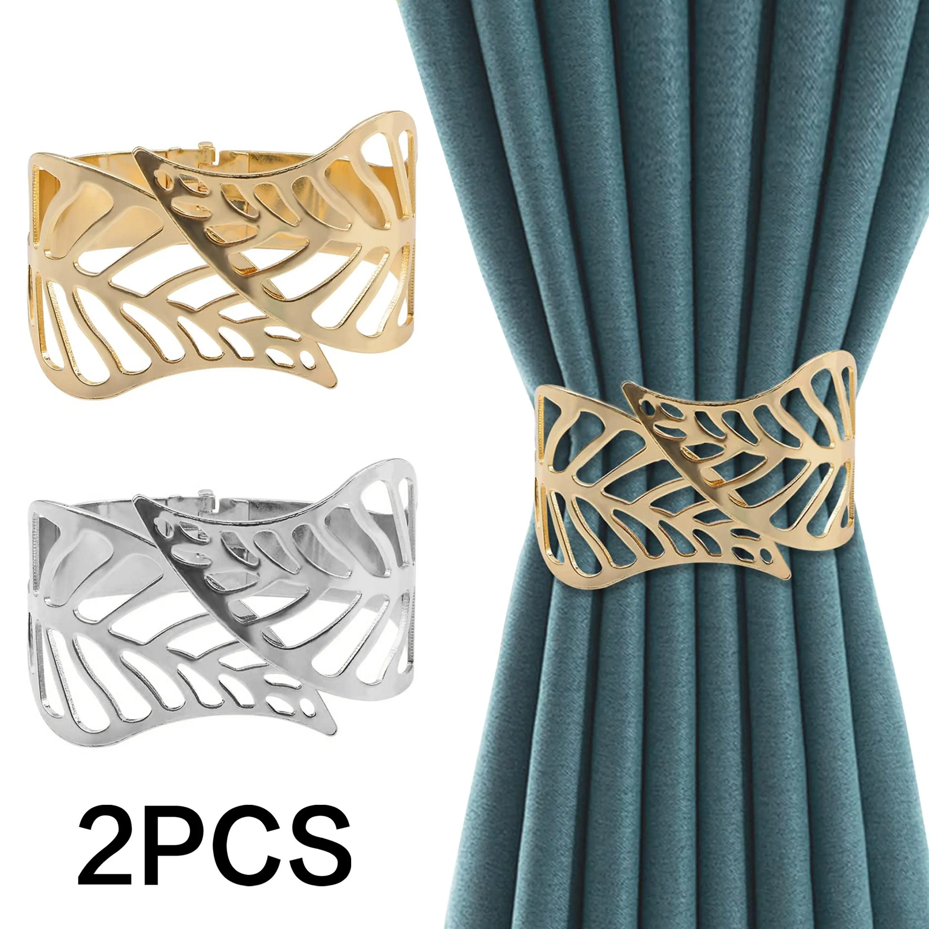Two Golden/Silvery Leaf-shaped Curtain Tiebacks, Modern Minimalist Style Hollow Creative Leaf Texture Design, No Need To Punch, Adjustable Curtain Tiebacks, Suitable For Living Room, Bedroom, Office Home Decoration, Adding An Elegant Touch To Your Home
