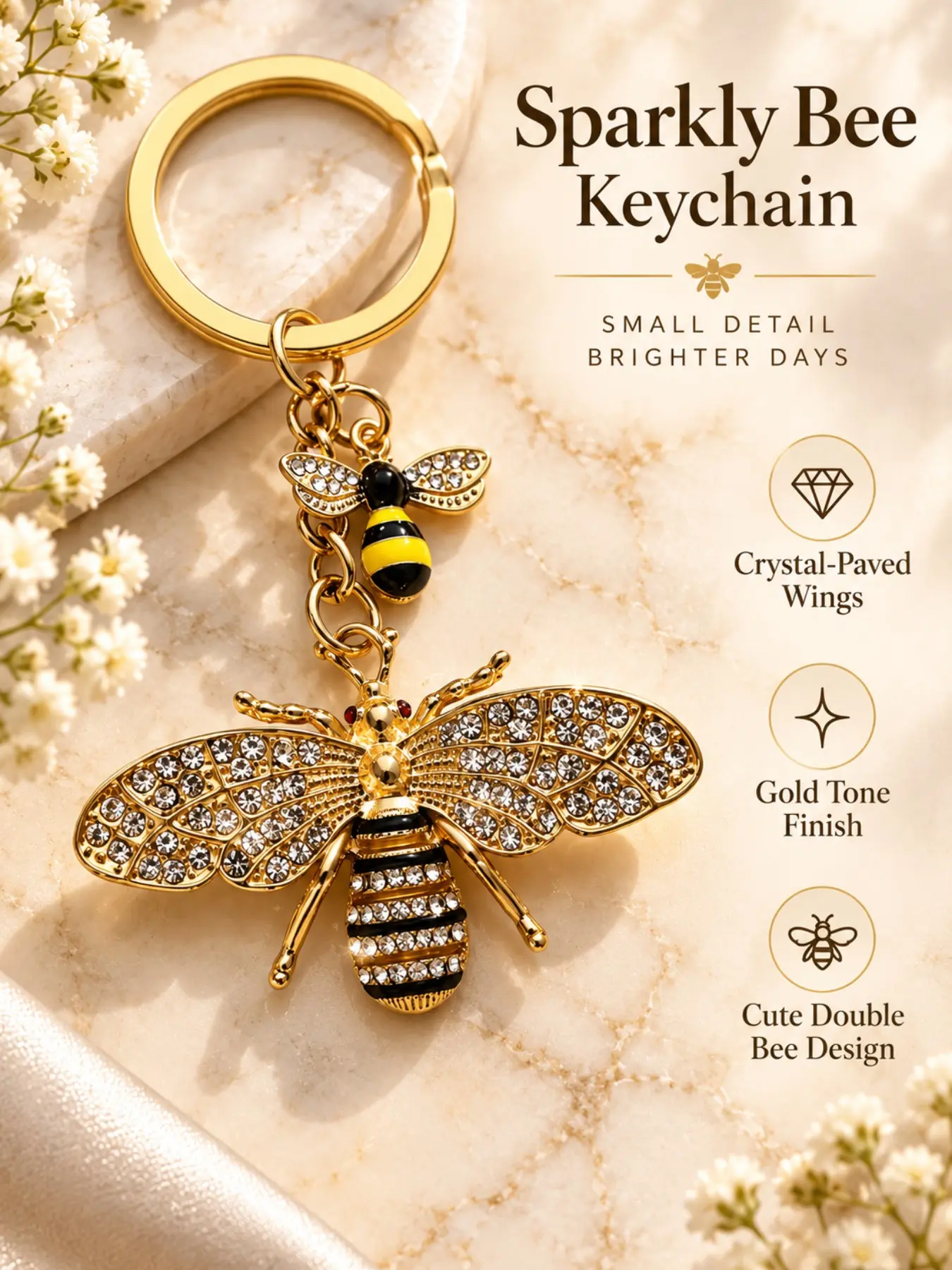Gold Rhinestone Double Bumblebee Keychain, Crystal Paved Bee Bag Charm, Enamel Striped Bee Pendant Key Ring, Sparkly Gold Alloy Insect Themed Accessory, Trendy Bee Aesthetic Handbag Decoration, Lovely Backpack and Car Key Holder
