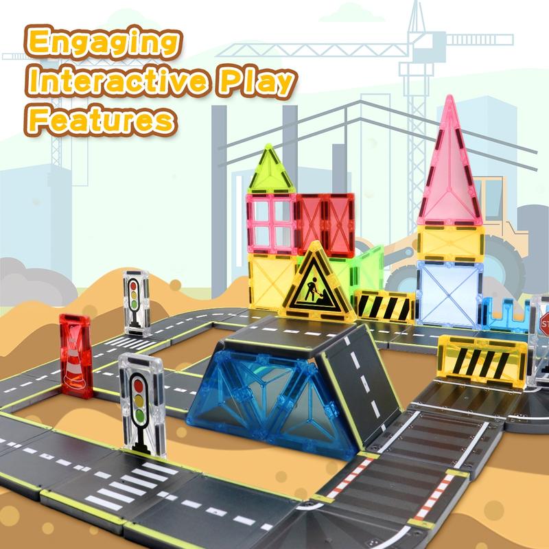 Magnetic Building Blocks Road Assembly Toy Set, Stem Magnetic Blocks, Learning Sensory Children Birthday Toy, Creative Construction Toys, Magnetic Building Tiles