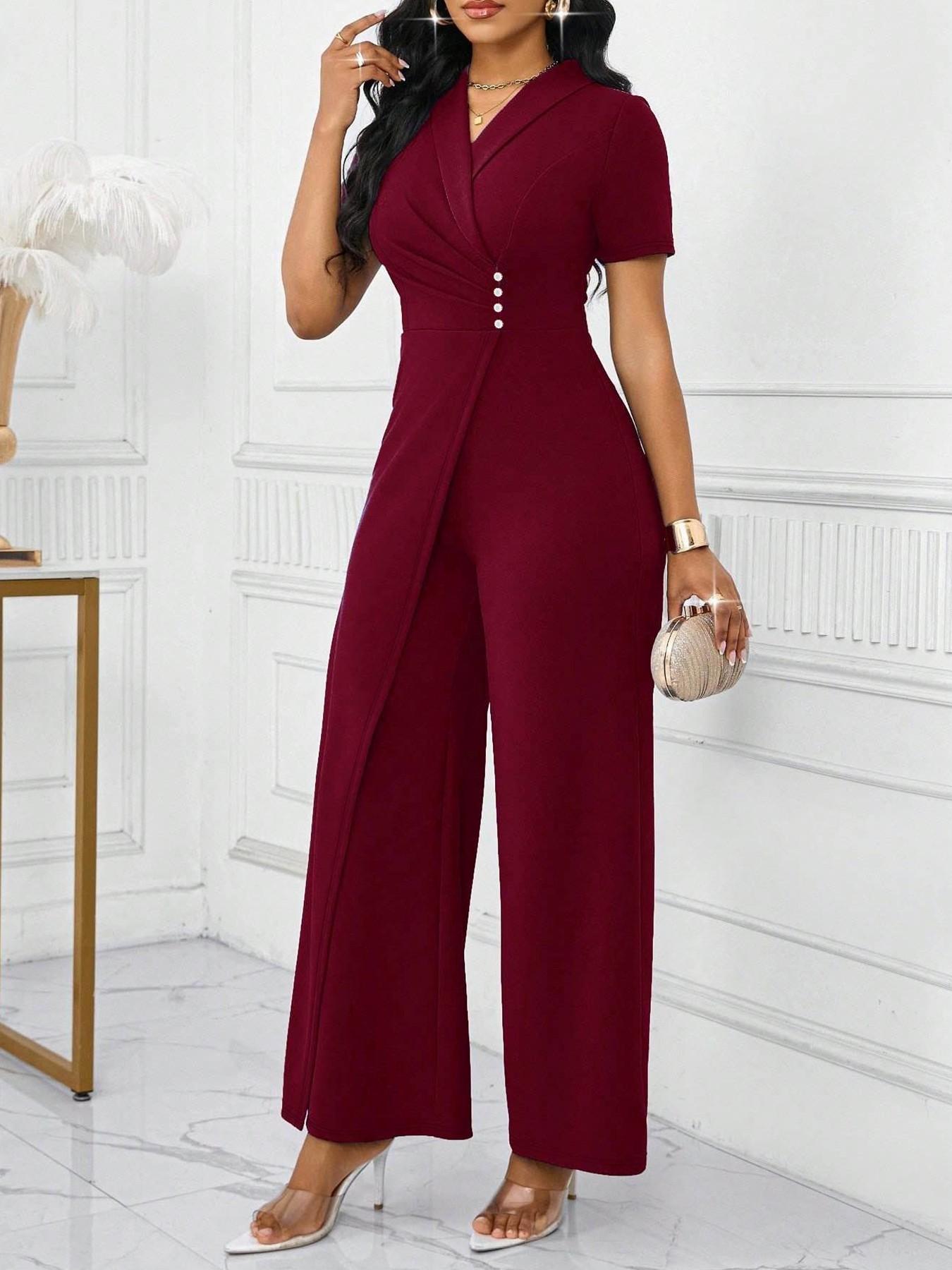 Spring Summer Slim Fit Women's Jumpsuit, Cross Neck Pure Color Single Button Waist Cinching Long, St Patrick's Day Party Wedding Season