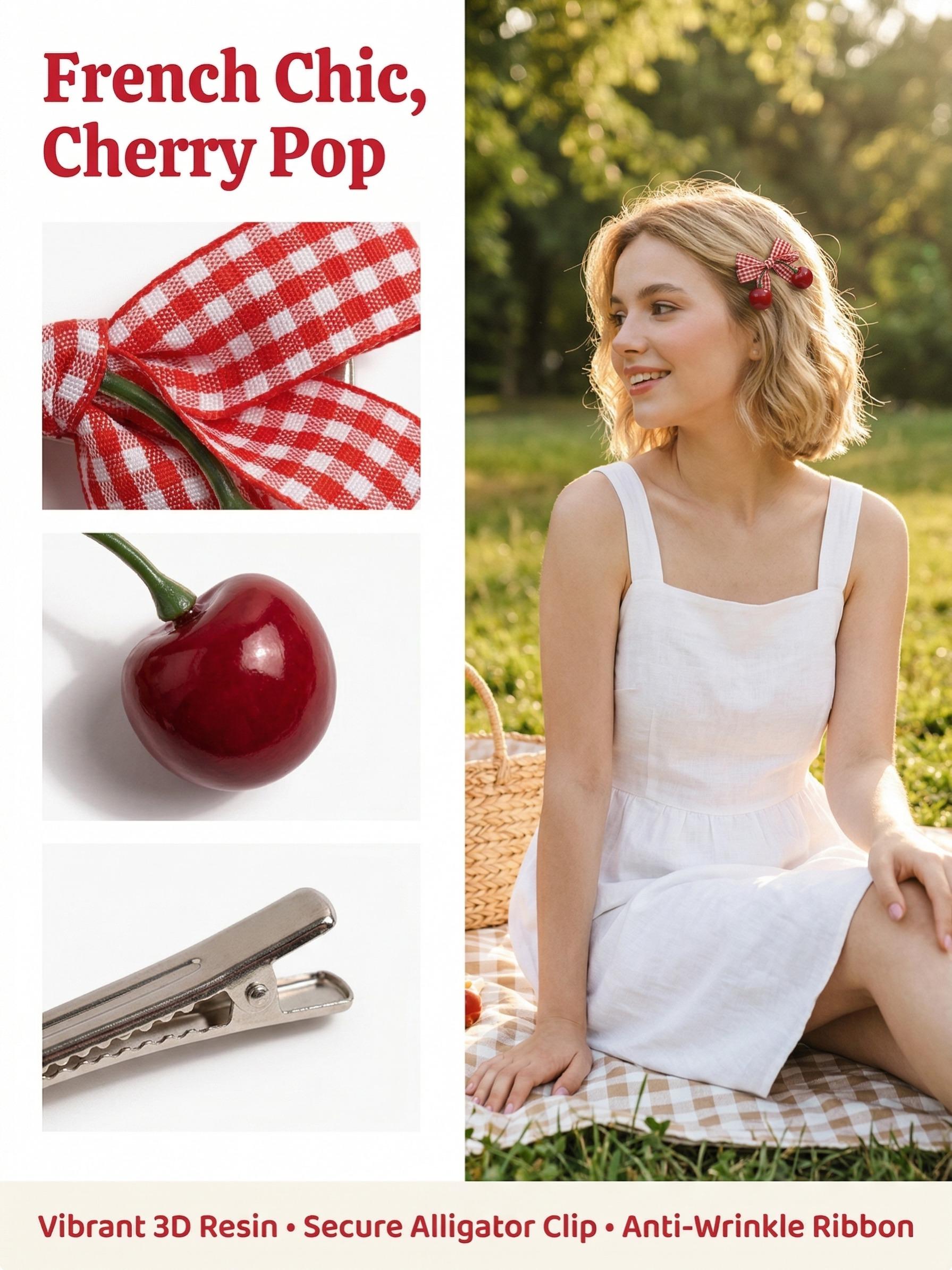 2pcs - French sweet cherry bow hair clips set, includes duckbill clips, women's hair clips, Y2K style for women & kids. Perfect for daily dates, picnics, photoshoots, school wear and festival parties.