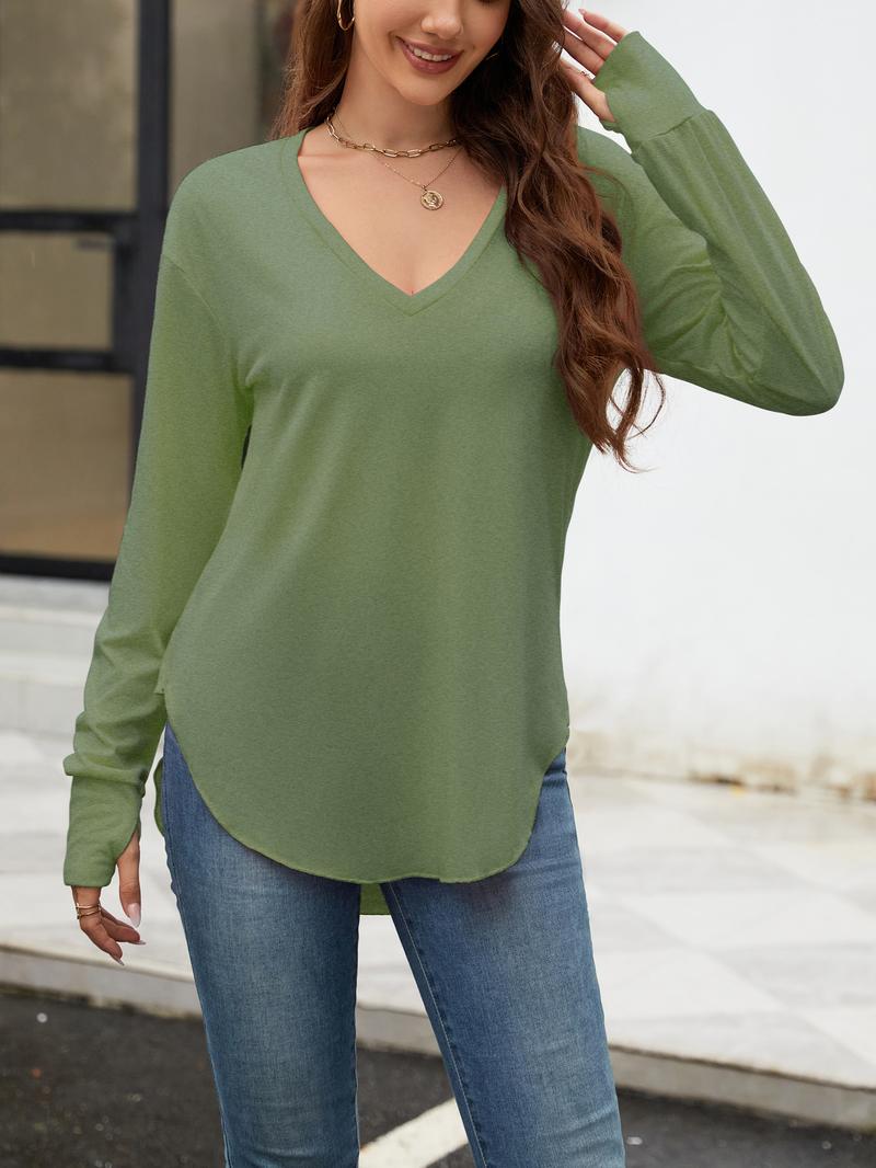 Renaishow Womens Deep V Neck Tunic Tops Long Sleeve Oversized Casual Loose Fit Curved Hem T Shirts with Thumb Holes Blouses Light Breathable Solid