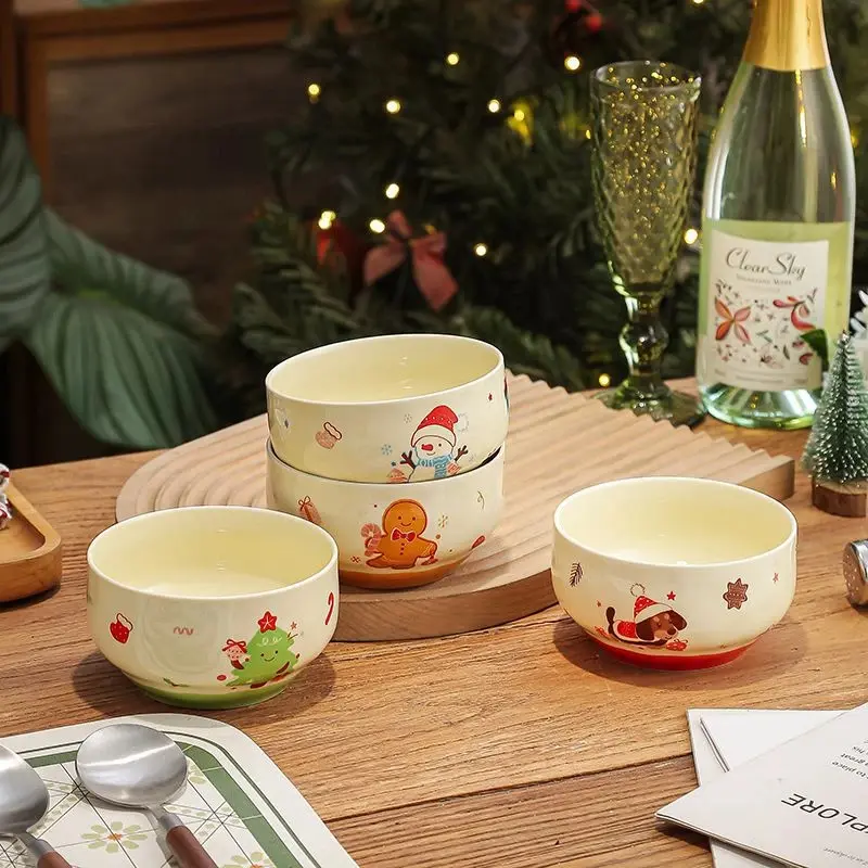 4Pcs Cute Snowman Christmas Tree Ceramic Bowl Kawaii Soup Bowl Home Kitchen Noodle Ramen Tableware Bowl Christmas Gift Kitchen Bowls