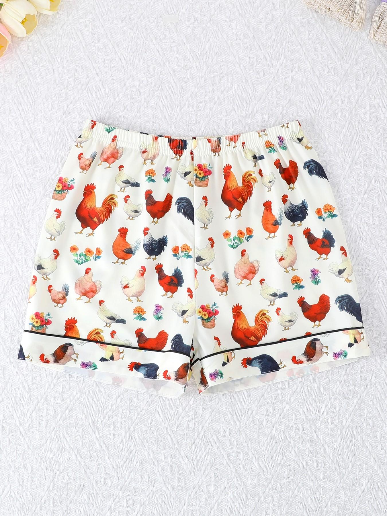 Sleepwear Sets, Cute Rooster Cartoon Pattern, Fashionable Button-Down Design, Short Sleeves & Shorts, All Seasons Wear