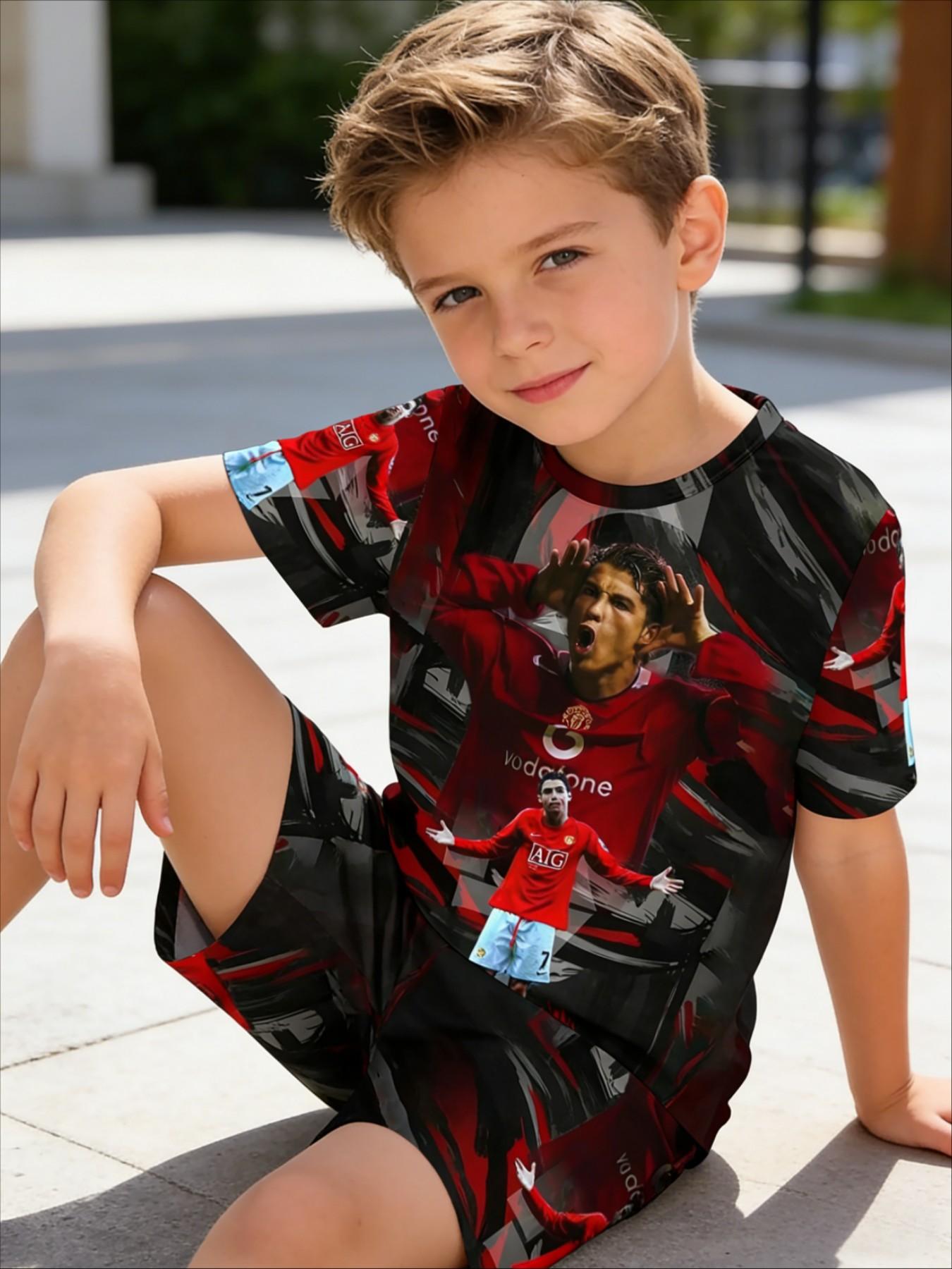 Boys' Colorblock Manchester United Cr7 Tee & Track Shorts, All over Print, Casual Summer, Party, Vacation, School Wear