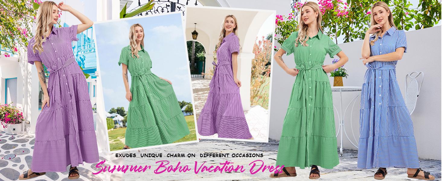 utcoco women's summer striped dress with tie waist ruffles long casual Shortsleeve Womenswear shirt dress SpringStatements