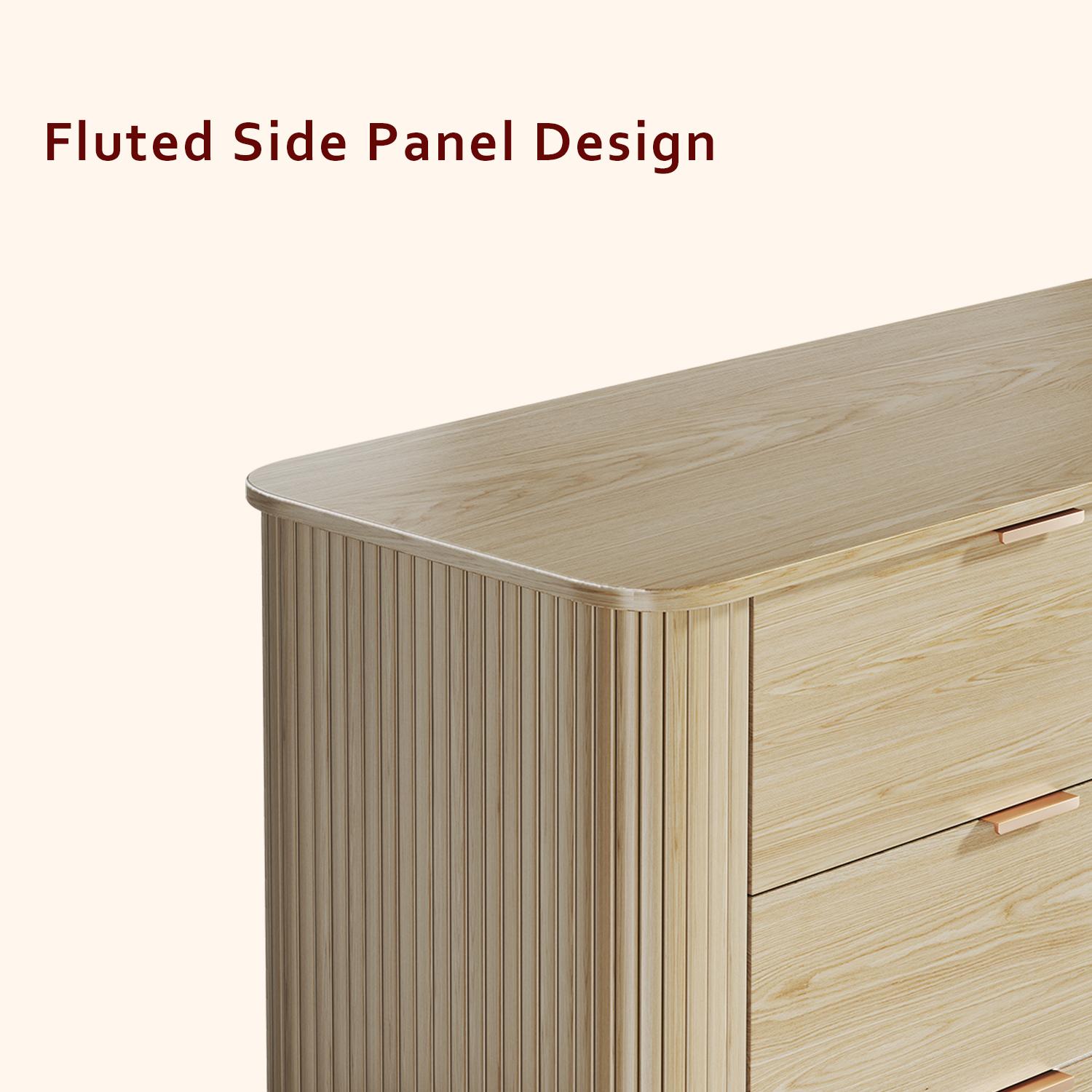 Fluted 6 Drawers Dresser for Bedroom, Mid Century Modern Closet Dresser & Chests of Drawers, Curved Profile Design, Dresser TV Stand, Wood Storage Dresser for Living Room, Entryway, Hallway, Oak