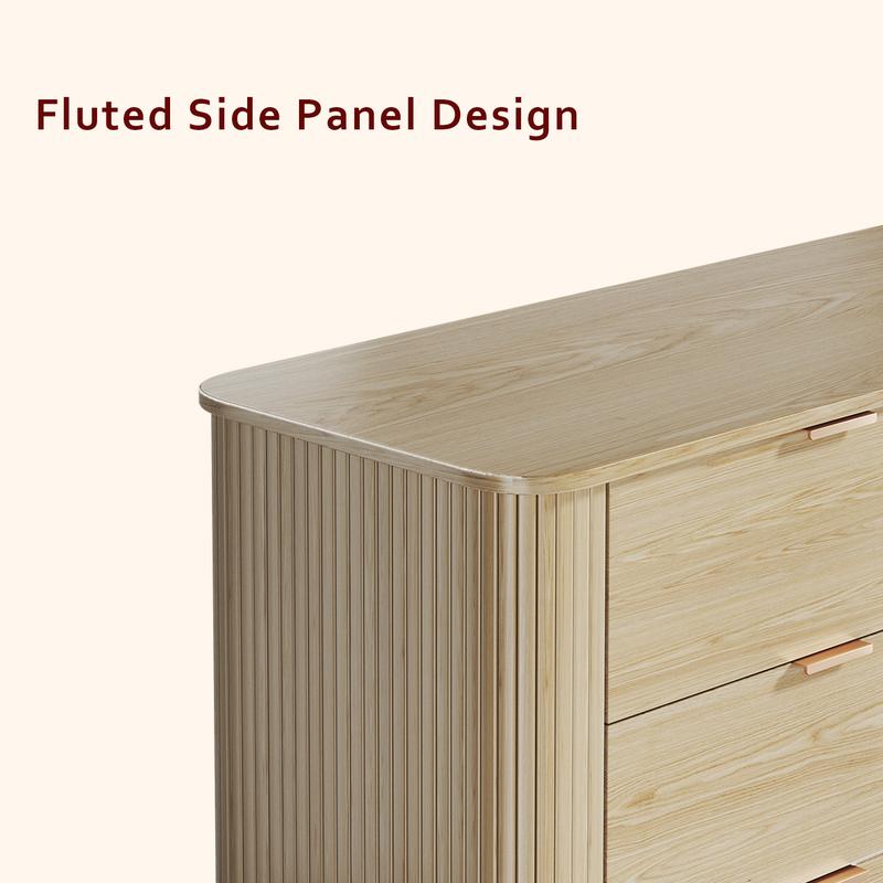 Fluted 6 Drawers Dresser for Bedroom, Mid Century Modern Closet Dresser & Chests of Drawers, Curved Profile Design, Dresser TV Stand, Wood Storage Dresser for Living Room, Entryway, Hallway, Oak