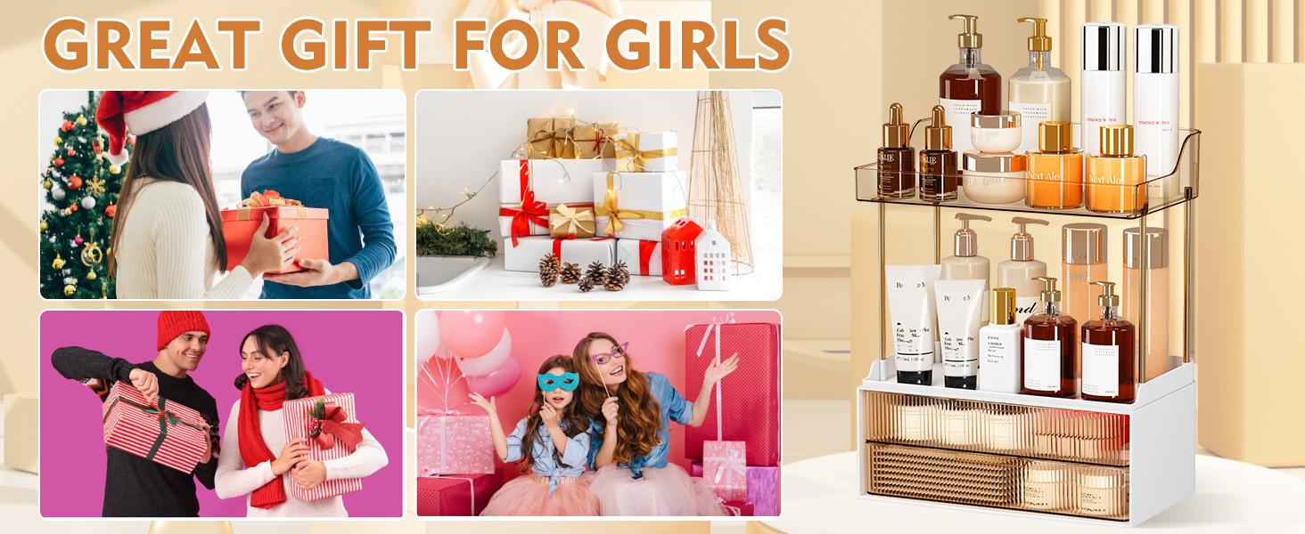 7CODE 4-Tier 2-Drawer Bathroom Organizer with Makeup, Perfume, and Skincare Organizers in Amber Racks Cosmetic Box