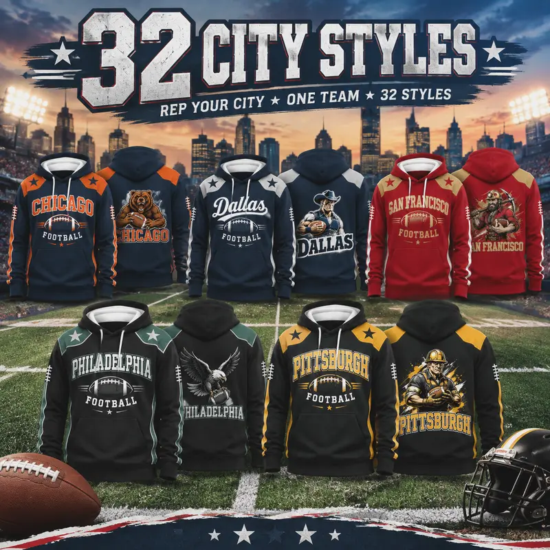 32 City Styles Football Hoodie for Men Women Teens, Vintage American Sports Graphic Pullover Sweatshirt, Classic City Collection Hooded Top, Retro Athletic Streetwear Apparel, Unisex Fleece Lined Hoodie for Adults, Football Fans Casual Fall Winter Gift