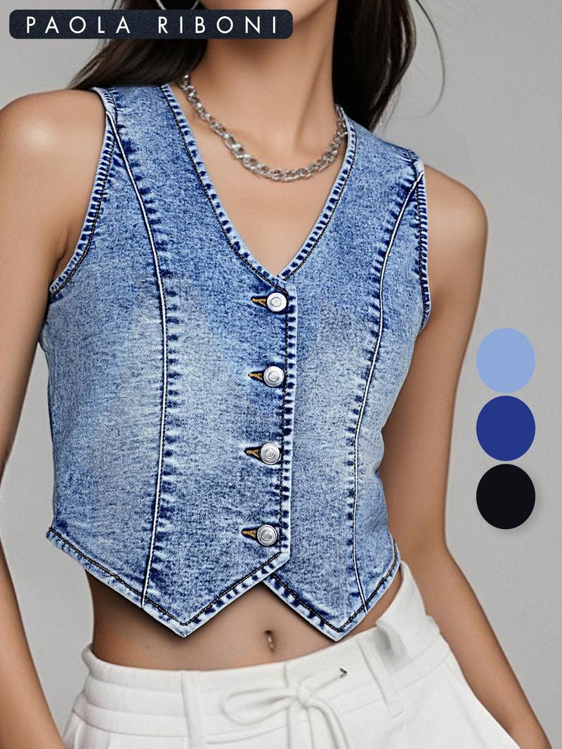 Women's Plain Denim Vest, Casual Sleeveless Vest for Summer, Ladies Clothes for Daily Wear, Minimalist Fitted Vest