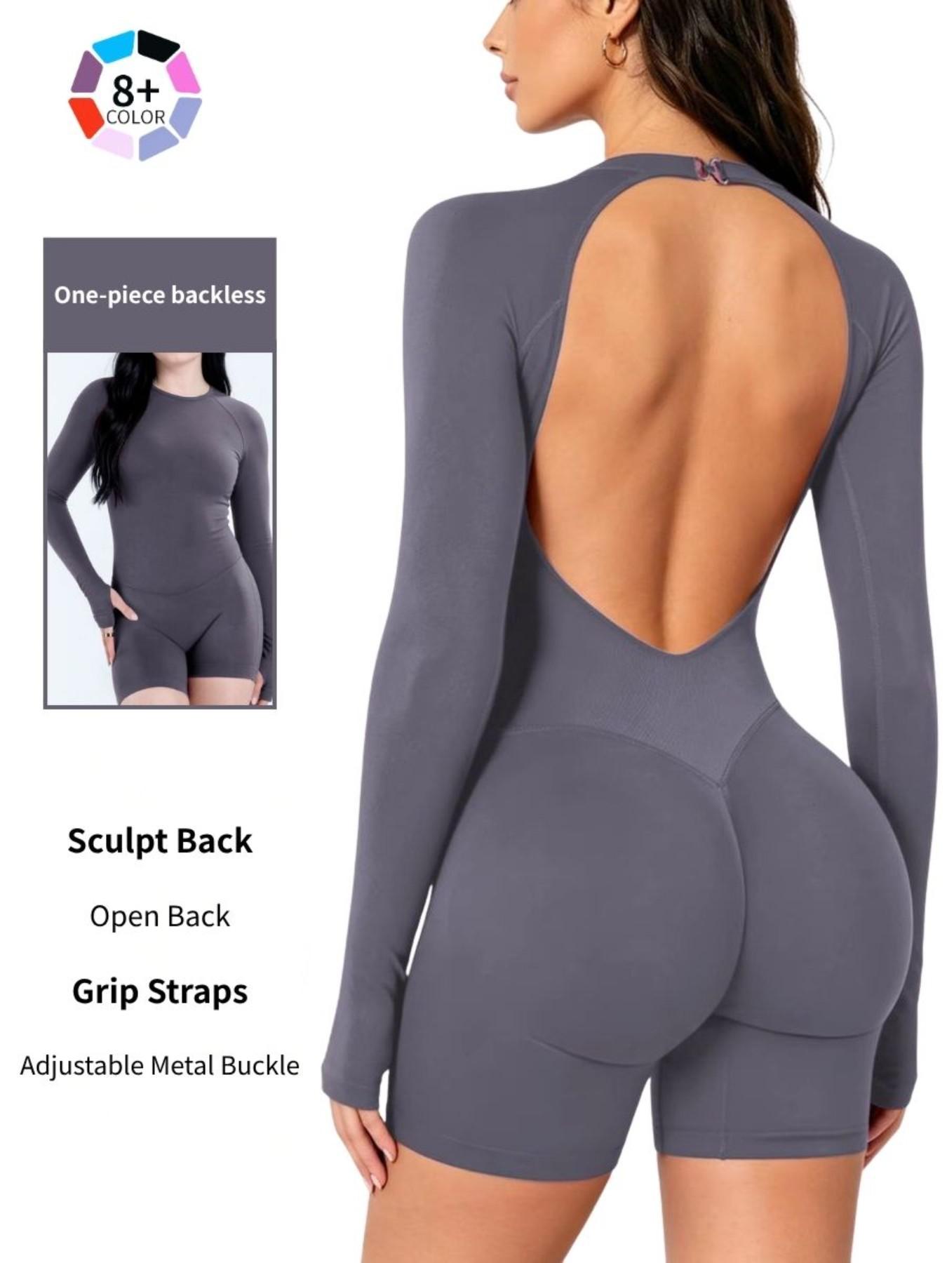Women's All-Season Long Sleeve Backless Workout Jumpsuit, Tummy Control & Butt Lifting, Stretchy Slim Fit Gym Bodysuit for Pilates & Running, Backless Activewear