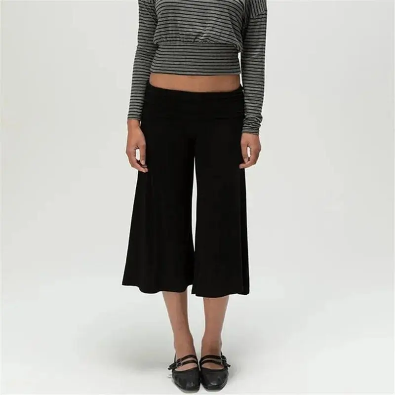 Women Fold Over Waist Gaucho Pants Low Rise Cropped Wide Leg Capri Pants Summer Foldover Culottes Yoga Pants Pajama Bottoms