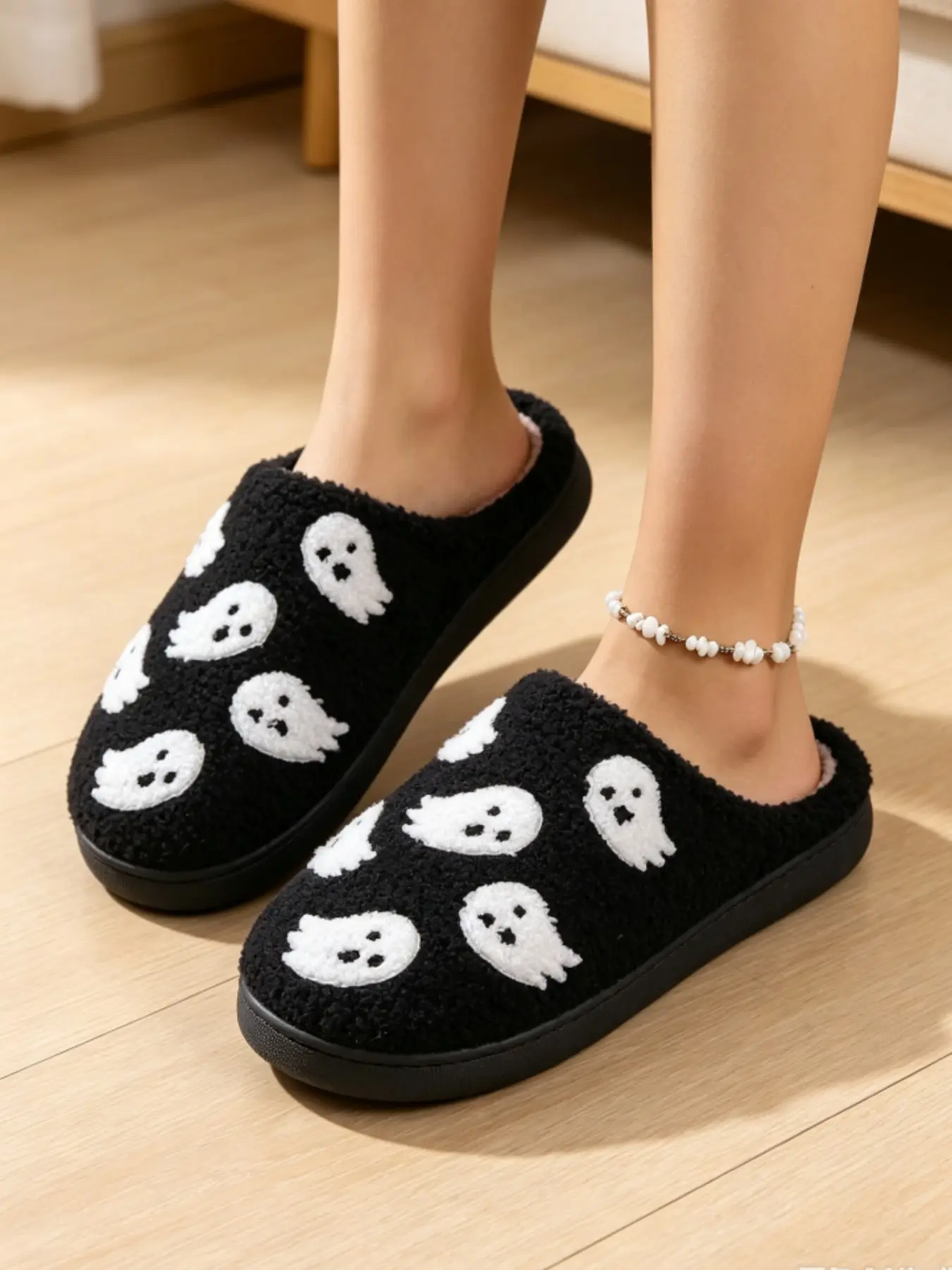 Women's Halloween Ghost Embroidered Slippers, Thick Plush Warm Anti-Slip Indoor Shoes, Casual Dark Style Couple Lazy Slippers, Fuzzy Warm Slippers