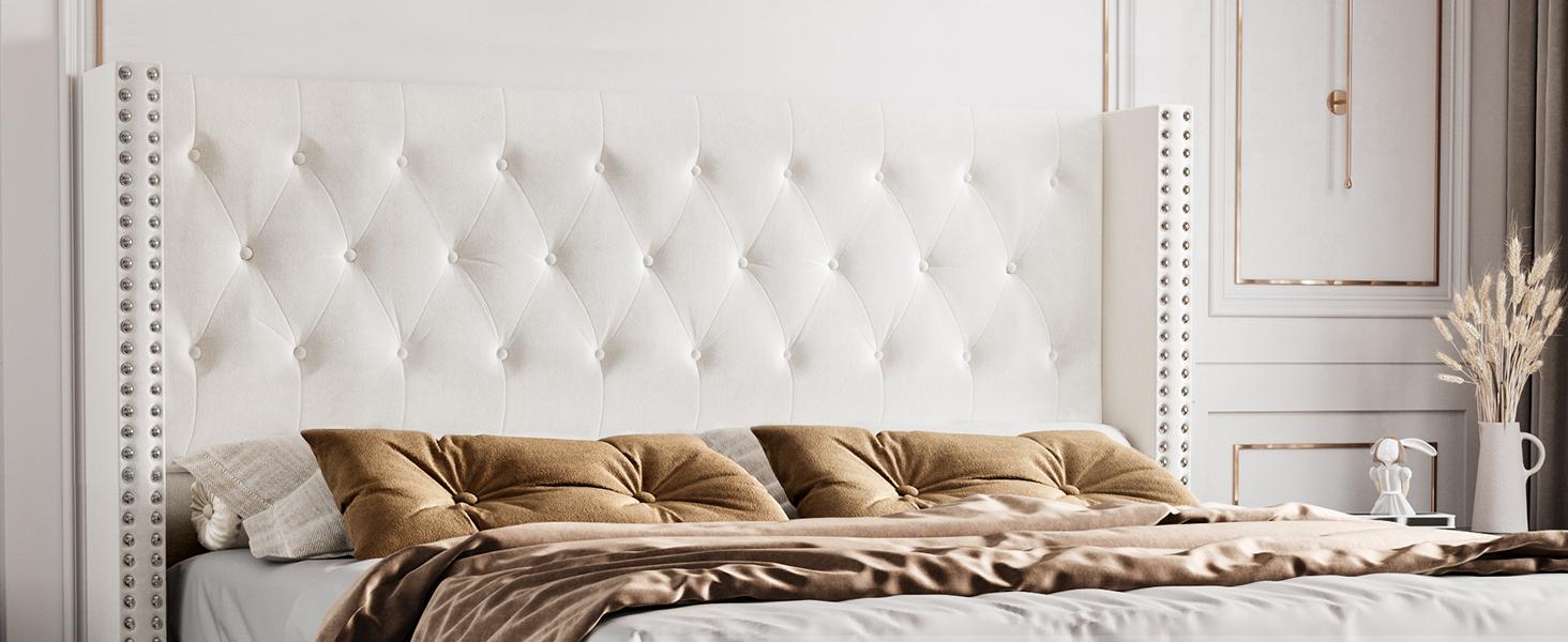 VanAcc Upholstered Bed Frame with 49.2" Tall Headboard, Modern Wingback Platform Bed, Low Profile Velvet Tufted Button, No Box Spring Needed