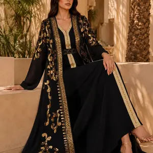 Gold Embroidered Two-Piece Dubai Muslim Robe, Elegant Islamic Clothing, Heavy Sequin Open Front, Elegant Long Sleeve Maxi Dress for All Seasons