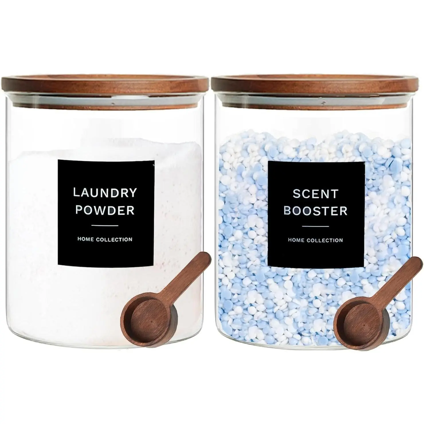 Glass Laundry Storage Containers with Acacia Lids and Scoops, Laundry Jars | 2 Pack Laundry Detergent Canisters for Powder, Laundry Pod Holder & Beads Organizer with Labels for Laundry Room Organization