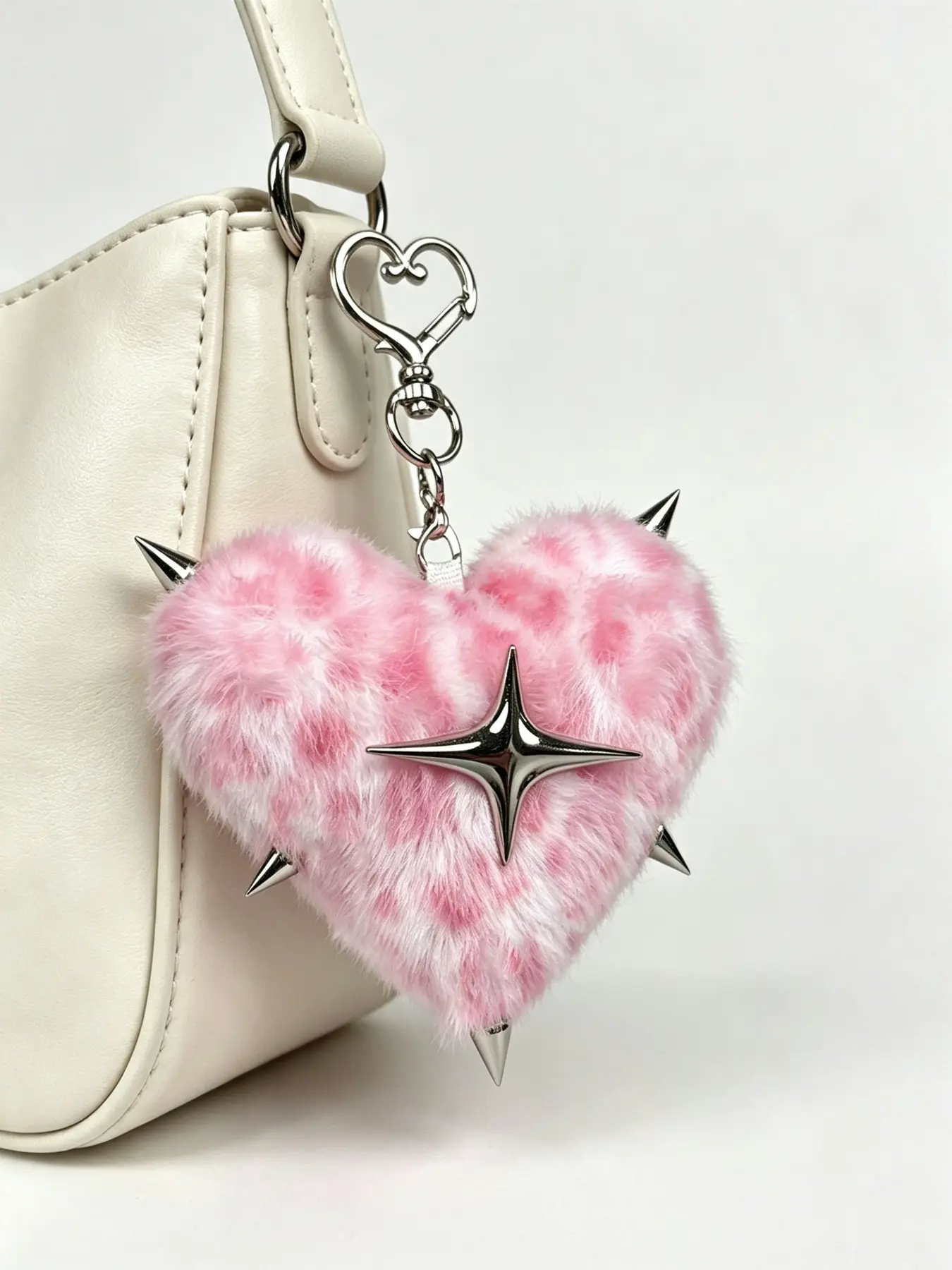 Punk Leopard Plush Heart Keychain, Gothic Rivet Four-Pointed Star Charm, Rock Style Bag Accessory