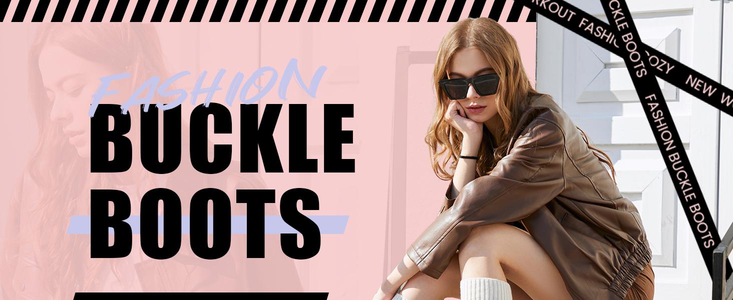 Athlefit Women's Knee High Riding Boots Fashion Buckle Square Toe Chunky Heel Wide Calf Biker Boots Gril Comfort Footware Fashion Shoes buckle  boots knee  high Leather Footwear Comfortable Girl Walking Shoes Bota Brown SpringStatements