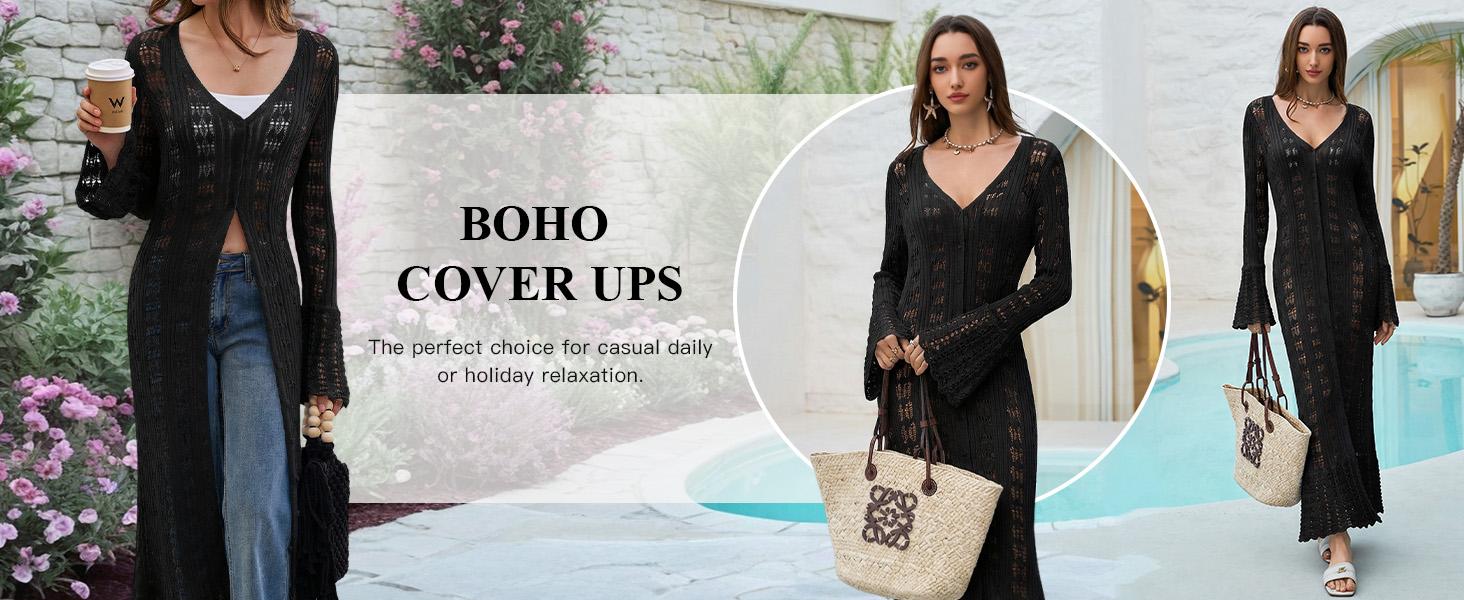 Saodimallsu Women's Basic Crocheted Cotton Cardigan Tops, Boho Crochet Knit Duster with Long Bell Sleeves, Ruffle Detail, Button-Front Beachwear Cover-Up Clothes