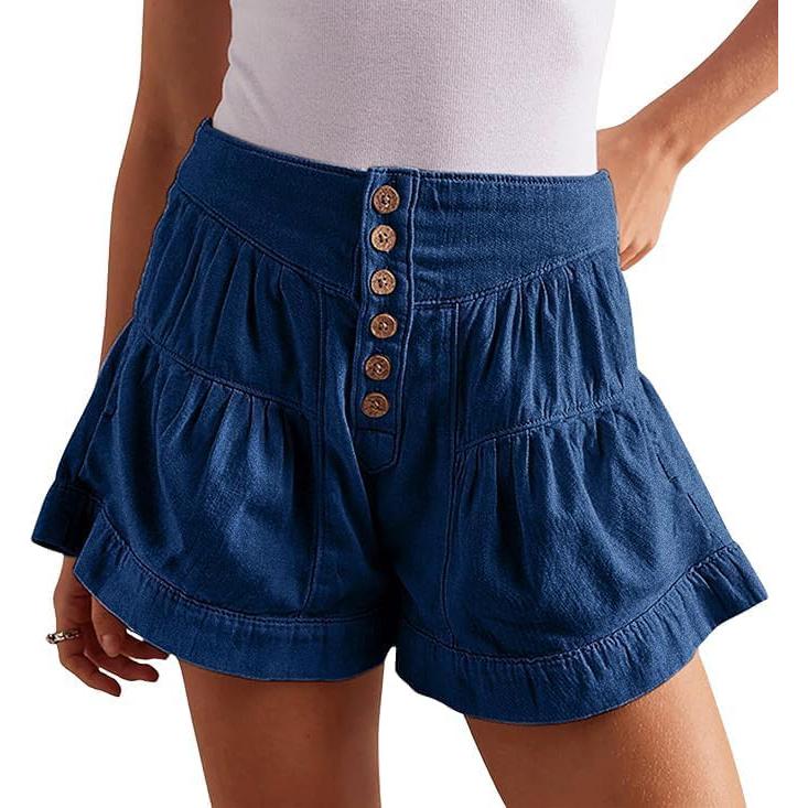 utcoco 2026  Womenswear summer high waist denim shorts casual elastic waist wide leg button shorts pleated ruffle denim shorts Bottom jean shorts SpringStatements