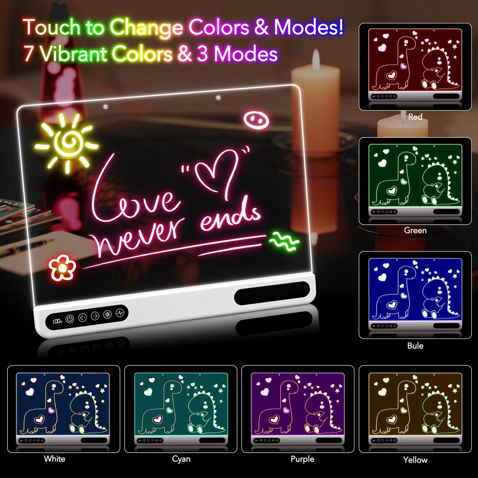 Rechargeable LED Acrylic Writing Board, 13.8x10.4 Inch Light Up Memo Board, 7 Colors, Includes 7 Markers, Home Office Christmas Gift